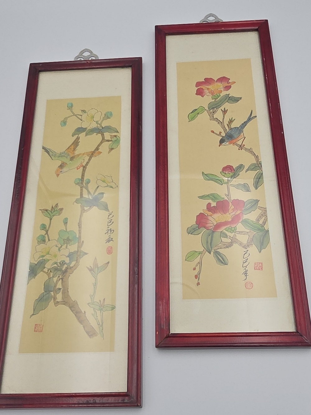 Vintage 80's Asian Pair of Red Framed Silk Botanical & Bird Wall Art Prints